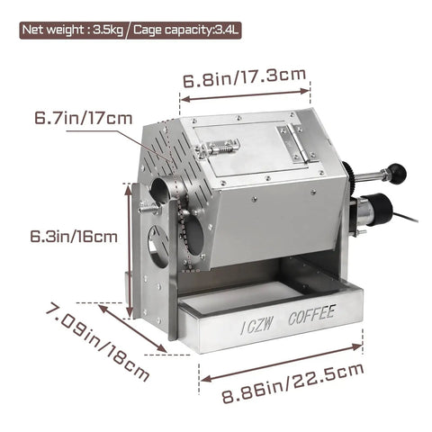 Compact Dual Fuel Ceramic Coffee Roaster, 8L capacity, stainless steel, dimensions 8.86in x 7.09in for home bean roasting.