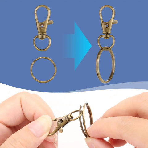 Heavy Duty Swivel Lobster Claw Keychain Clasps And 50 Piece One Inch Zinc Alloy Snap Hooks For Crafts Jewelry Making Dang Sturdy Bag Charms In Top Tier Bronze Finish, featuring a hand demonstrating attachment.