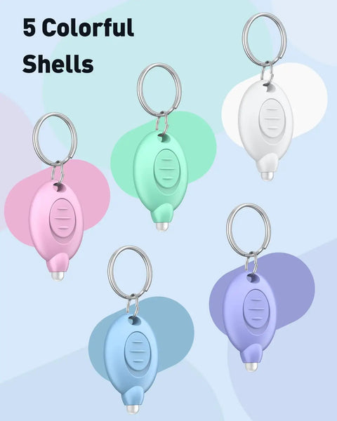 5 Pack LED Keychain Flashlights in five color shells for outdoor work, camping, and hiking, ultra compact key ring lights.
