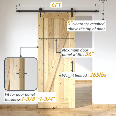 6Ft Sliding Barn Door Hardware Kit With Track, wood door dimensions, installation details, farmhouse style, black finish track
