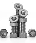 10 Piece Ta2 Titanium Knurled Socket Head Cap Screw Nut And Flat Washer Combination Kit M4x8mm displayed with multiple screws and nuts