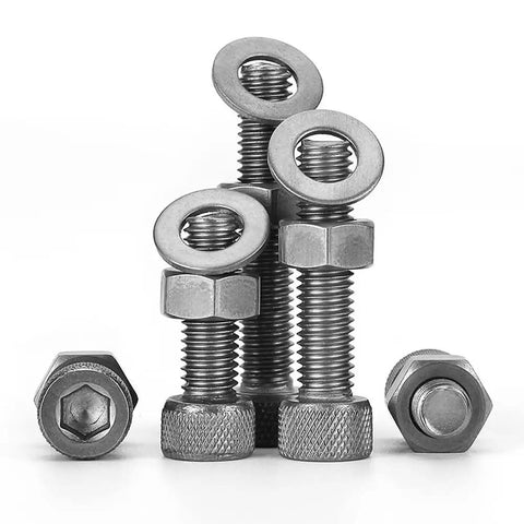 10 Piece Ta2 Titanium Knurled Socket Head Cap Screw Nut And Flat Washer Combination Kit M4x8mm displayed with multiple screws and nuts