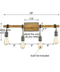 Farmhouse 4 Light Vanity Light Over Mirror For Bathroom With Wood Look Back Plate And Metal Accents dimensions diagram
