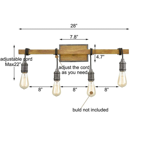 Farmhouse 4 Light Vanity Light Over Mirror For Bathroom With Wood Look Back Plate And Metal Accents dimensions diagram