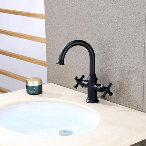 Matte Black Two Handle Bathroom Sink Faucet With 360 Degree Swivel Spout For 1 Hole Vanities Drip Free Ceramic Cartridge Solid Brass Waterway Includes Water Supply Line Easy Install