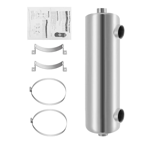 Stainless Steel Shell Tube Heat Exchanger 200KBTU with installation kit, featuring one to 1.5 inch FPT ports for pools and hot tubs