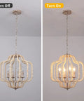Modern Chandelier Light Fixture With Wood Beaded Boho Pendant 4 Lights Orb Design Vintage Farmhouse Ceiling Light for dining room.