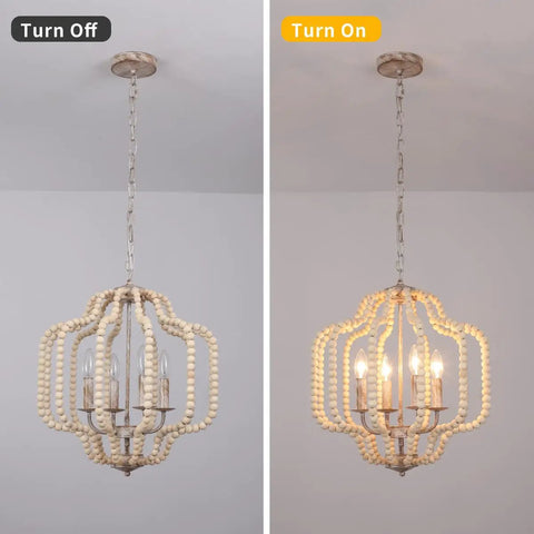 Modern Chandelier Light Fixture With Wood Beaded Boho Pendant 4 Lights Orb Design Vintage Farmhouse Ceiling Light for dining room.