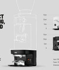 Automatic Coffee Tamper With Adjustable Tamping Pressure And Calibrated Levels For Nailing Every Shot Fits Mahlkonig E65 Grinders Perfectly in black and white design with dimensions.