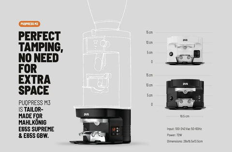 Dead On Automatic Espresso Tamper displayed for Mahlkönig E65S, 54.3mm baskets, showcasing adjustable setup in sleek design.