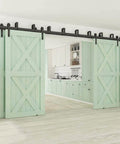 Bypass Sliding Barn Door Hardware Kit, 16 Ft Four Doors, Double Track System for smooth sliding, installed view.