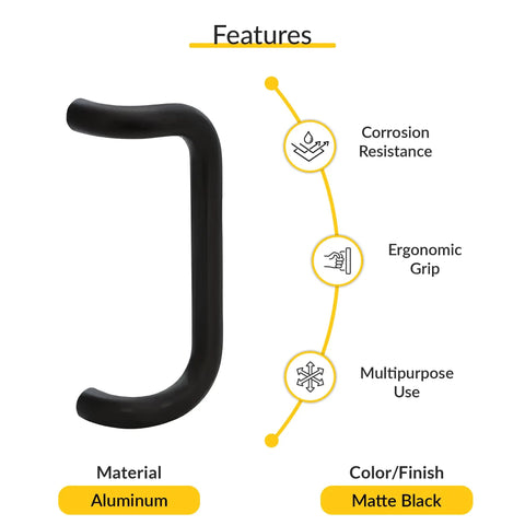 Aluminum Pull Handle 10 Inch Length, 9 Inch Center To Center, Matte Black Finish, shown with corrosion resistance and ergonomic grip features