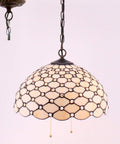 Tiffany Pendant Light Fixture Cream Amber Bead Stained Glass 16 Inch Wide Hanging Lamp With Antique Bronze Finish, pull chain