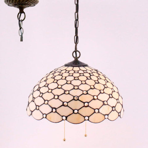 Tiffany Pendant Light Fixture Cream Amber Bead Stained Glass 16 Inch Wide Hanging Lamp With Antique Bronze Finish, pull chain