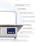 This Smart Automatic Opp Tape Strapping Machine Is A Real Game Changer For Supermarkets Using Heat Seal Technology For Hassle Free Veggies Bundling With No Messy Glue Needed, front view with control panel.