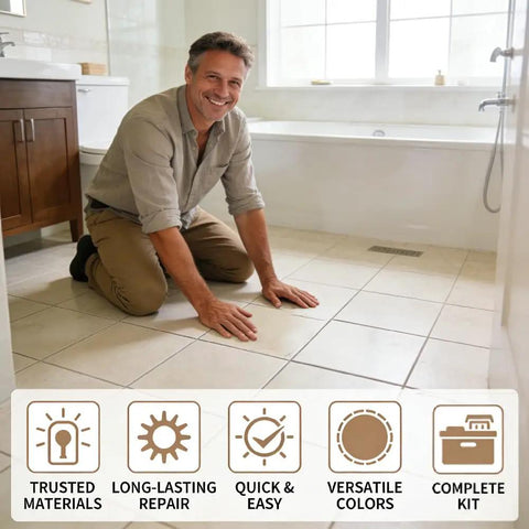 Person using Easy No Fuss Tile Repair Kit For DIY Home Fixes, 2 Piece Gel Glue Set For Cracks And Chips On Ceramic Stone Floors