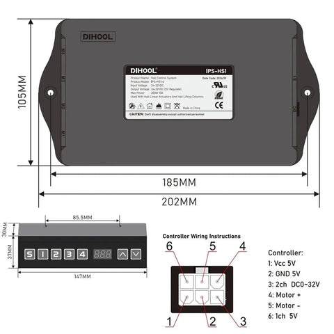 Hall controller system for linear actuators with wiring instructions and dimensions of 185mm x 202mm for easy setup.