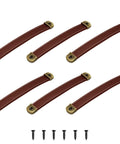 Brown Box Leather Handles 6 Pack for Furniture Cabinets and Drawers Vintage Antique Style Pulls With Screws displayed in a row.