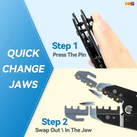Ratcheting Crimping Tool Set With 8 Quick Change Jaws For Heat Shrink Terminals, hand pressing pin on tool