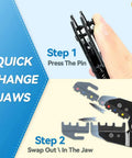 Step-by-step use of Ratcheting Crimping Tool Set 9 Piece with Automatic Wire Stripper, showcasing quick exchange jaws.