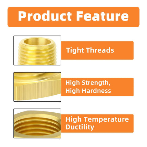 Product features of Ten Piece Brass Hex Bushing Reducer 1/2 Inch NPT Male To 1/4 Inch NPT Female Pipe Fitting; showing tight threads.
