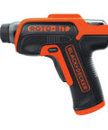 4V Max Cordless Electric Screwdriver with 180 RPM 8 bits and rotating bit cartridge, built-in storage, LED light, side view.