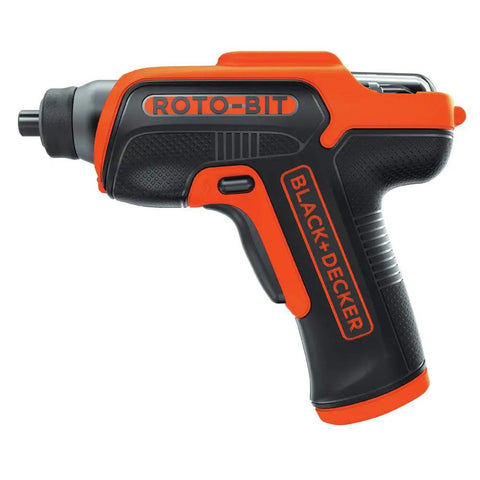 4V Max Cordless Electric Screwdriver with 180 RPM 8 bits and rotating bit cartridge, built-in storage, LED light, side view.