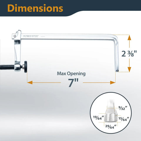 Dimensions of Quick Screw Down Clamps For Bow Xtender Fences And MFT Tables, Track Saw Guide Rail System, 7 Inch Opening, 2 3/8 Inch Depth
