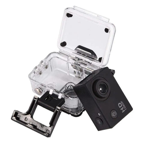 Go Anywhere Action Camera 1080P Full HD with 2 Inch LCD Screen in open waterproof 30m case and bracket.