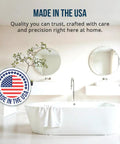 Modern bathroom with bathtub, mirrors, American flag seal, and text emphasizing Made in the USA quality for a Bathtub Refinishing Kit Pour On Touch Up Coating For Tub And Tile Reglazing Odorless Non Toxic Made In USA Durable Never Peel High Gloss Finish DIY Friendly Easy DIY Project That Restores Chips And Worn Areas With A Seamless Brand New Looking Shine.
