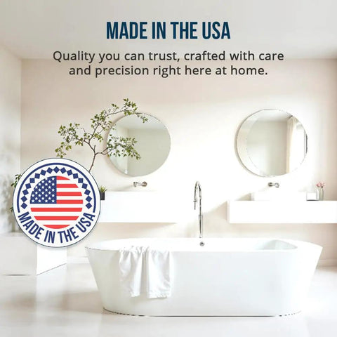 Modern bathroom with bathtub, mirrors, American flag seal, and text emphasizing Made in the USA quality for a Bathtub Refinishing Kit Pour On Touch Up Coating For Tub And Tile Reglazing Odorless Non Toxic Made In USA Durable Never Peel High Gloss Finish DIY Friendly Easy DIY Project That Restores Chips And Worn Areas With A Seamless Brand New Looking Shine.