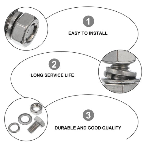 Close-up of 40 Piece M6x10 Stainless Steel Hex Bolts And Nuts Set Fully Threaded Flat Head Screws Kit For Machines And Industrial Projects Corrosion Resistant Beefy Heavy Duty Hardware For Rugged Machinery Use with installation, durability, and quality benefits shown.
