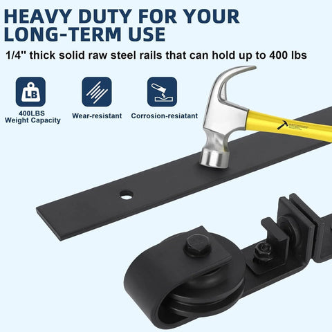 52 Inch Barn Door Track Sliding Kit With Side Mounted Black Rollers For Bifold Doors Up To 400 Lbs, steel track with hammer