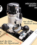 CRB7 Seven Functions In One Jig Router Base Kit for circle jig, showing clamp guide and micro-adjustment features on wood base.