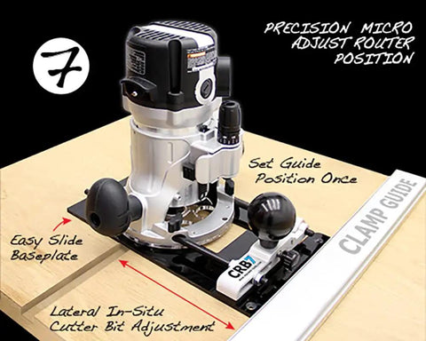 CRB7 Seven Functions In One Jig Router Base Kit for circle jig, showing clamp guide and micro-adjustment features on wood base.