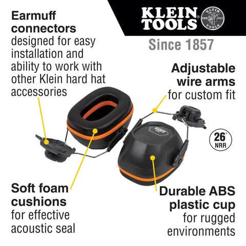 Ear Muffs With Full Brim Hard Hat Attachment For Construction And Manufacturing Pros On The Jobsite, 26 Decibels NRR Noise Reduction