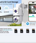 Dual Lens 4K 8MP HD PTZ Weatherproof Outdoor Security Camera WiFi showcasing cloud and SD card storage options.