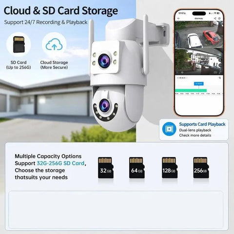 Dual Lens 4K 8MP HD PTZ Weatherproof Outdoor Security Camera WiFi showcasing cloud and SD card storage options.