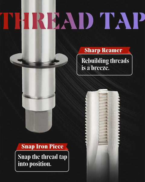 Close-up of Two Valve Triton Spark Plug Thread Repair Kit With No Brainer System showing metal thread tap and reamer tool.