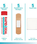 Front view of Rapid Seal 15pc hemostatic first aid kit: gel tube, fabric bandage, and 2x2 inch gauze pad.