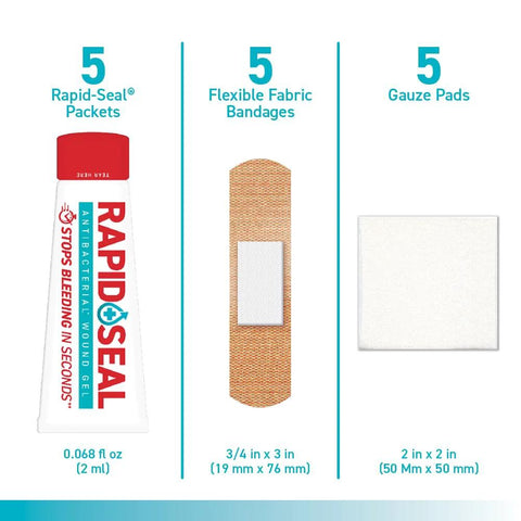 Front view of Rapid Seal 15pc hemostatic first aid kit: gel tube, fabric bandage, and 2x2 inch gauze pad.