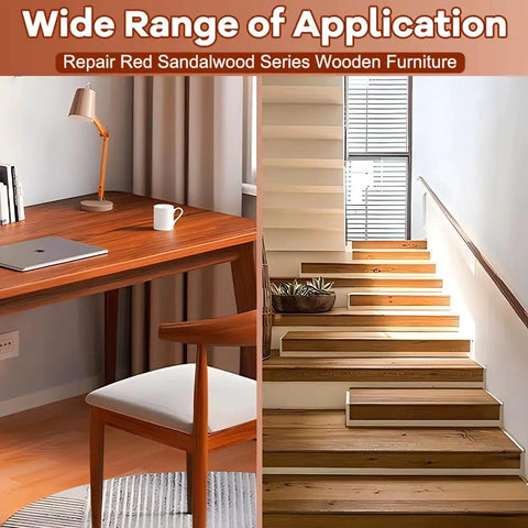 Image showing a repaired wooden desk and staircase using Furniture Wood Repair Marker For Floors And Tables Black Finish.