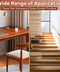 Red sandalwood desk and wooden stairs illustrating wide use of wood repair markers touch up kit for stains and scratches.