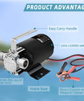 Portable 12V DC Water Transfer Pump, 330 GPH Sump Utility Pump With Hose Kit, 0.1 HP, zinc-alloy head, copper wire, alligator clamps
