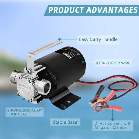 Portable 12V DC Water Transfer Pump, 330 GPH Sump Utility Pump With Hose Kit, 0.1 HP, zinc-alloy head, copper wire, alligator clamps