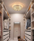 Crystal Flush Mount Ceiling Light Fixture With Sparkling Crystals, Modern Chandelier in sleek closet setting, warm glow reflection.