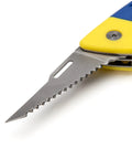 Close-up of 2-In-1 Folding Jab Saw With Retractable Utility Knife For Quick Drywall Cuts, rust-resistant stainless steel blade.