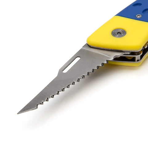 Close-up of 2-In-1 Folding Jab Saw With Retractable Utility Knife For Quick Drywall Cuts, rust-resistant stainless steel blade.