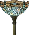 Sea Blue Tiffany Dragonfly Floor Lamp With 71 Inch Pole Torchiere And 12 Inch Shade Stained Glass Uplight For Your Bedroom And Living Room Cozy Vibe Antique Bronze Base Corner Accent UL Listed LED Compatible close-up view of stained glass shade