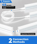 Image of Eight Pack T5 LED Shop Lights showing double end extension cords and seamless connector for linkable setup.